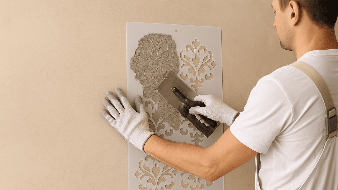 Нанесение декоративной штукатурки через трафарет