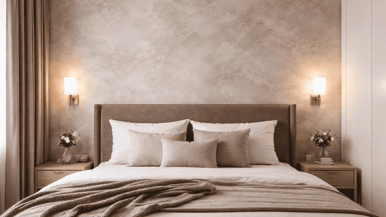 Декоративная штукатурка в спальне над кроватью